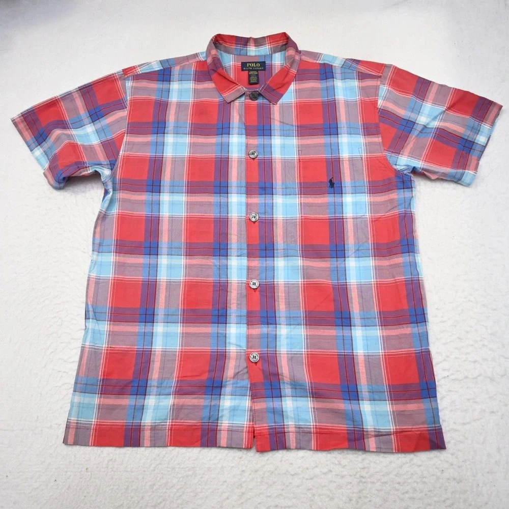 Polo Ralph Lauren Sleepwear Button Up Shirt Plaid Short‎ Sleeve Mens Size Large